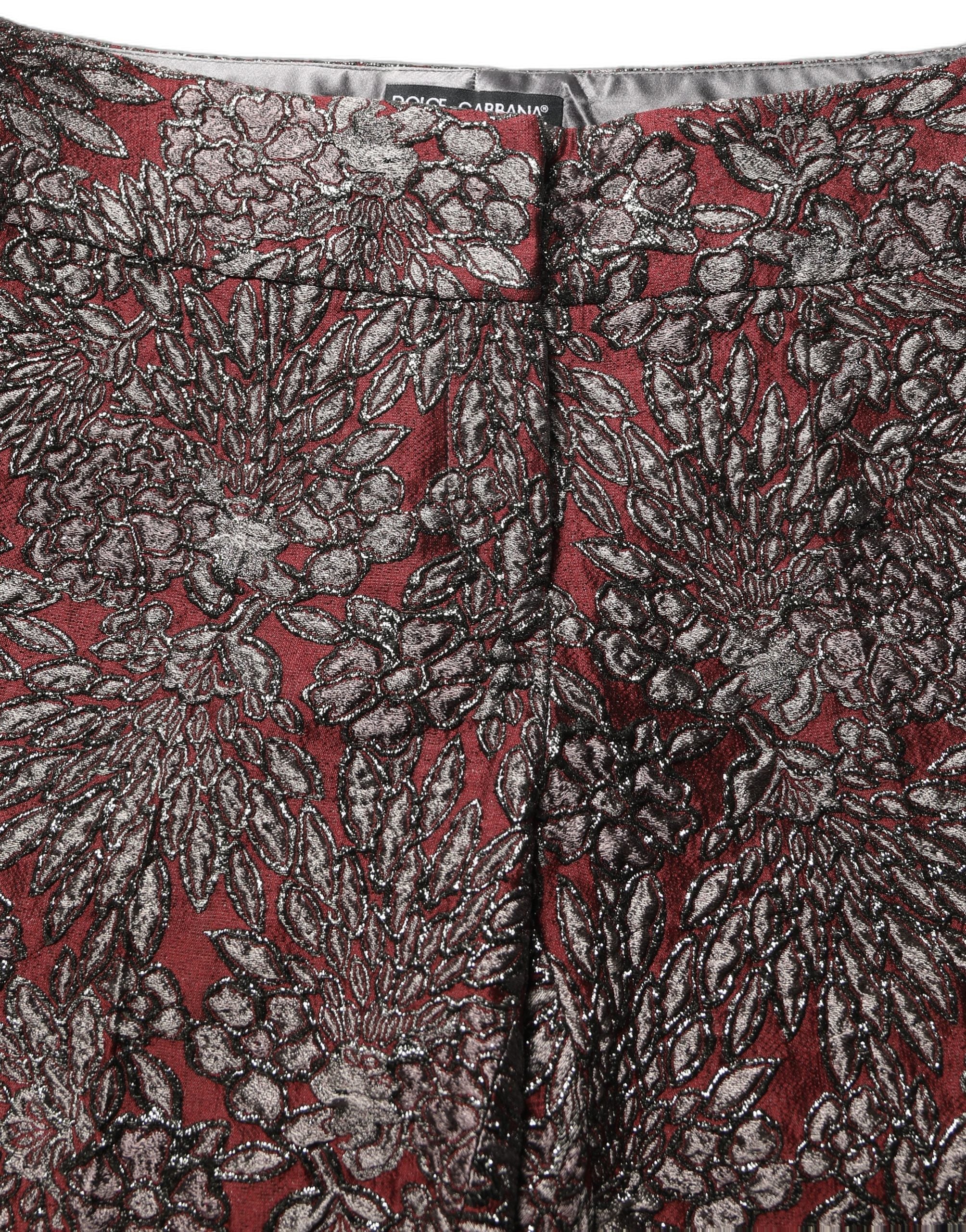 Burgundy Grey Floral Jacquard Straight Pants