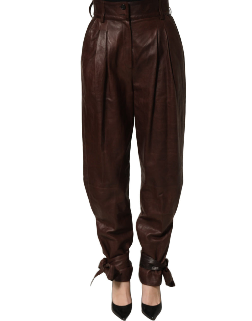 Brown Leather High Waist Tapered Leg Pants