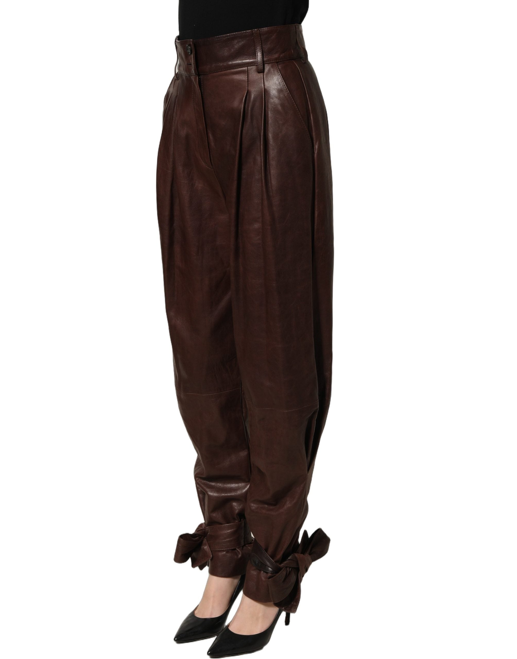 Brown Leather High Waist Tapered Leg Pants