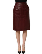 Burgundy Leather High Waist Pencil Midi Skirt