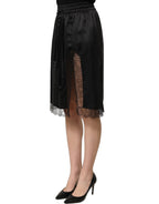 Black Lace Trimmed Satin Side Slit Skirt