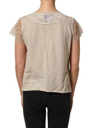 Beige Cotton Lace Detailing Round Neck Top
