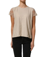 Beige Cotton Lace Detailing Round Neck Top