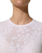 White Floral Lace Knit Fabric Short Sleeves Blouse Top