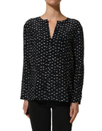 Black SIlk Long Sleeves Deep V-neck Blouse Top