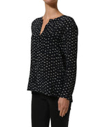 Black SIlk Long Sleeves Deep V-neck Blouse Top