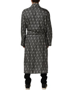 Black White Silk Men Wrap Robe Coat Jacket