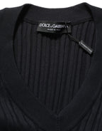 Black Silk Blend V-neck Pullover Men Sweater