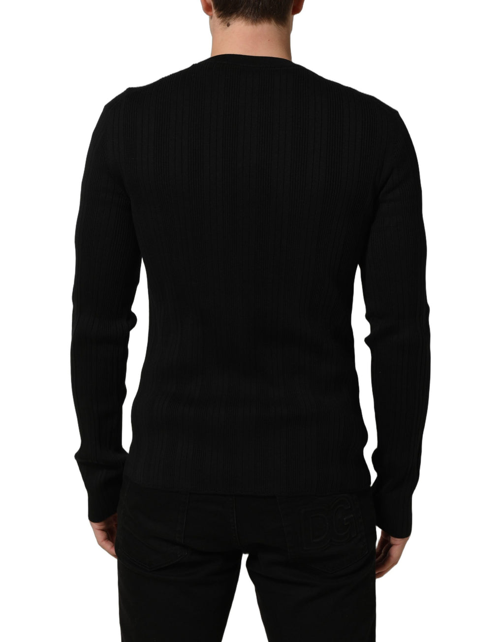 Black Silk Blend Henley Pullover Men Sweater