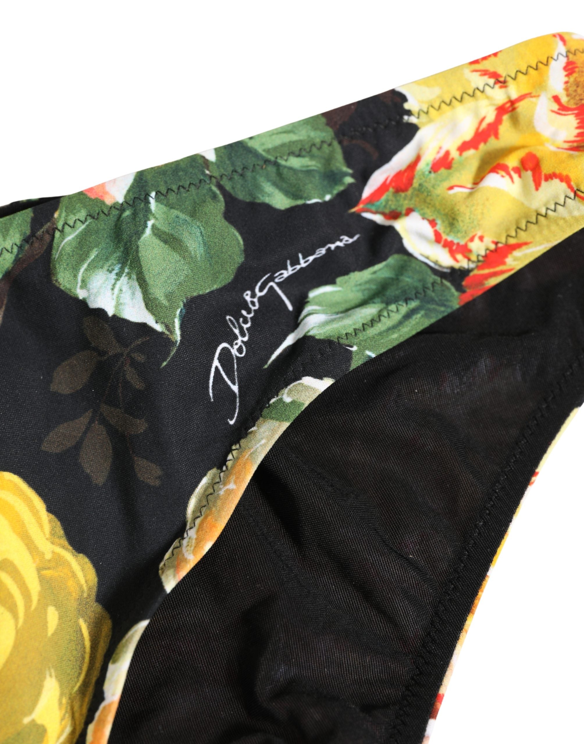 Black Nylon Floral Print Bikini Bottom Swimwear