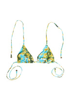 Blue Floral Print Nylon Halter Bikini Top Swimwear