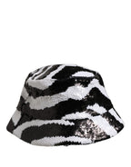 Men Black White Zebra Sequin Bucket Cap Hat