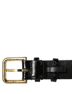 Black Textured Leather Gold Buckle Belt Strap Bracelet