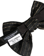 Men Black Pinstripe Silk Adjustable Neck Papillon Bow Tie