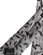 Men Gray Leaf Pattern Silk Adjustable Tied Necktie Tie