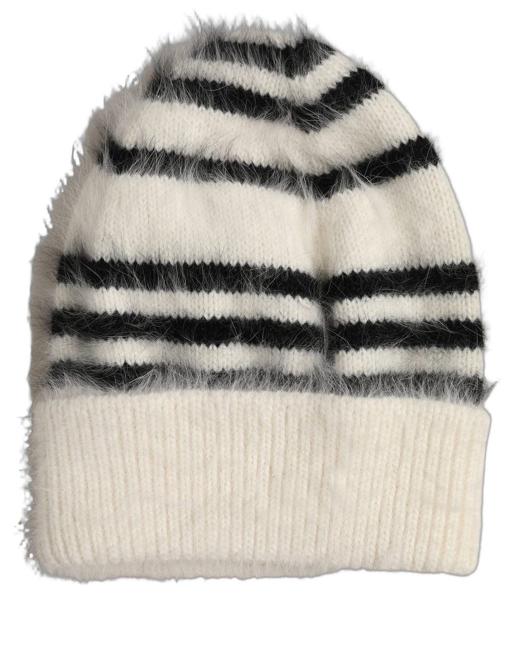 Black White Striped Angora Knitted Beanie One Size Hat
