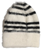 Black White Striped Angora Knitted Beanie One Size Hat