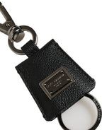 Black Dauphine Leather Silver Metal Logo Plaque Keyring