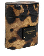 Brown Leopard Calf Leather Metal Logo Plaque Airpods Case