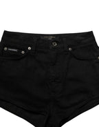 Black Cotton Mid Rise Denim Hot Pants Shorts