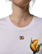 White Cotton Rose Patch Crew Neck T-shirt