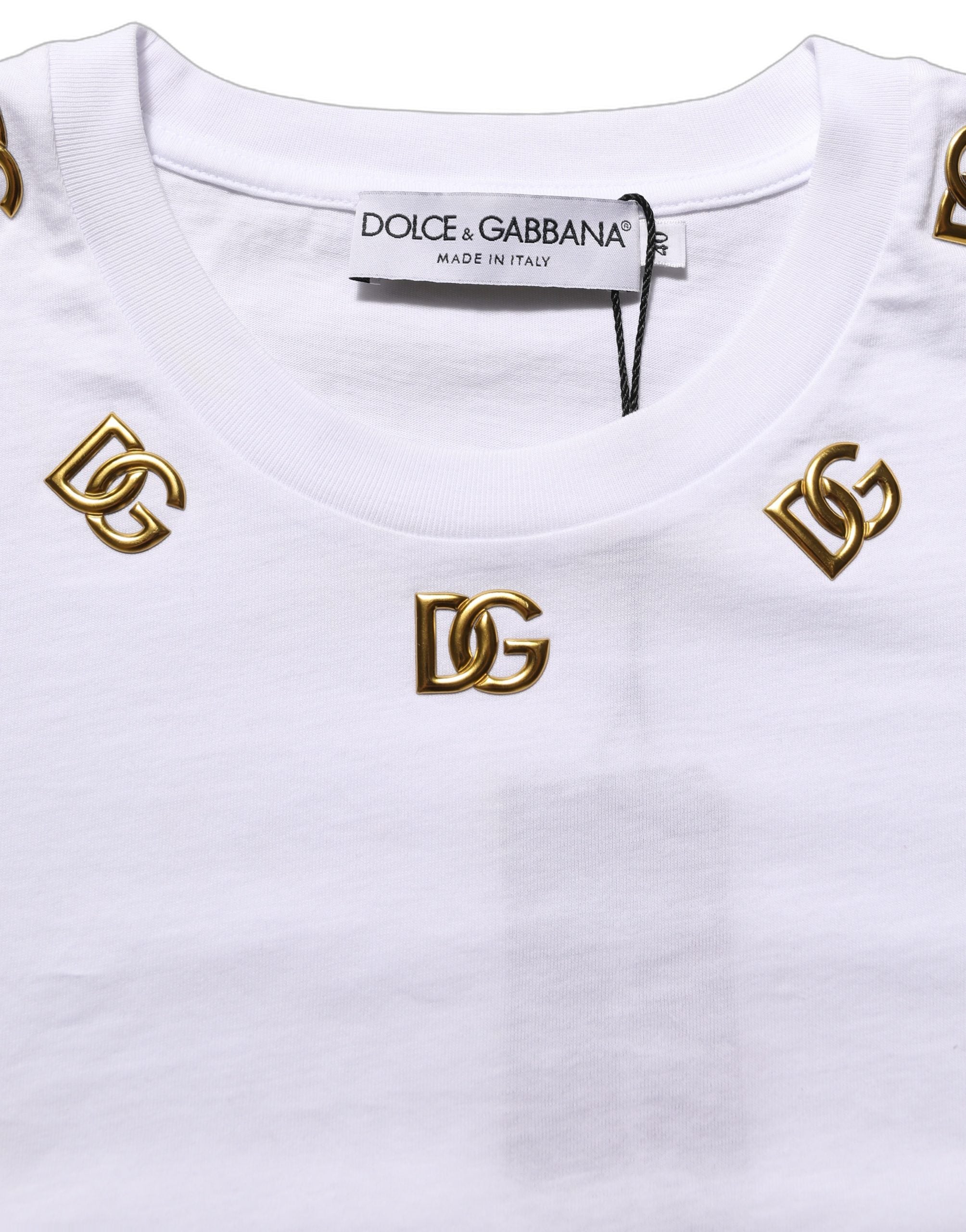 White Cotton Gold DG Logo Crew Neck T-shirt