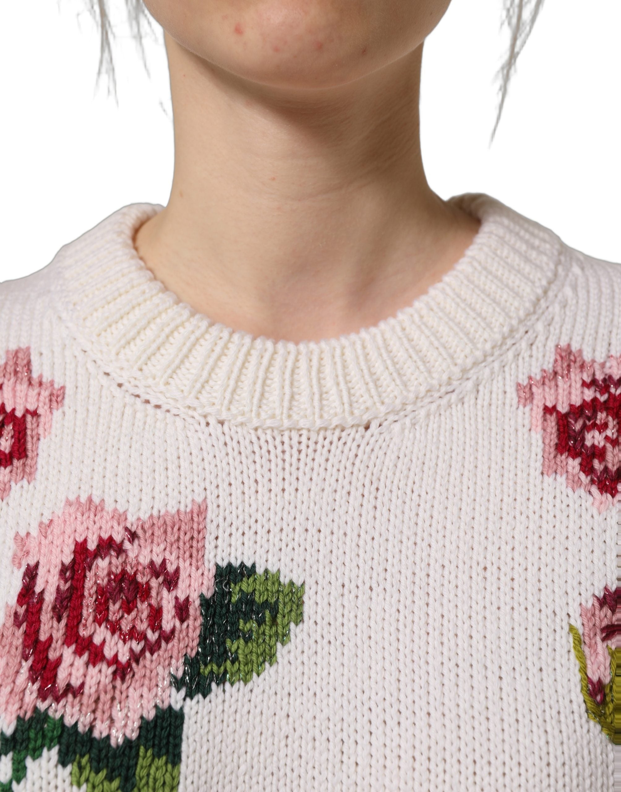 White Wool Floral Crew Neck Pullover Sweater