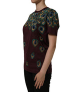 Burgundy Peacock Feather Round Neck T-shirt