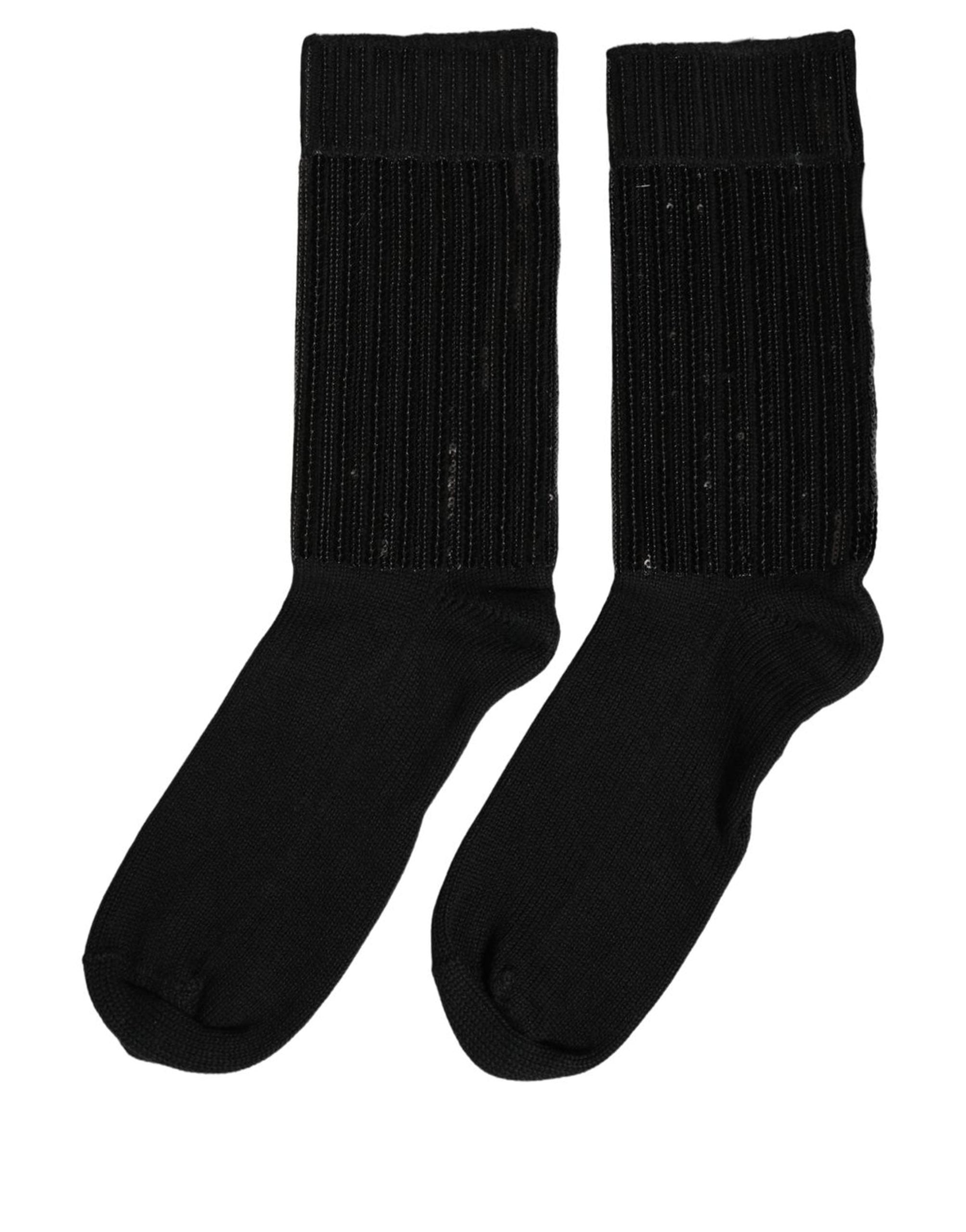 Black Sequin Cotton Knit Mid Calf Accessory Socks