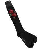 Black Wool Floral Over The Calf Accessory Socks