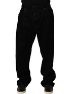 Black Cotton Relaxed Wide Leg Men Denim Jeans