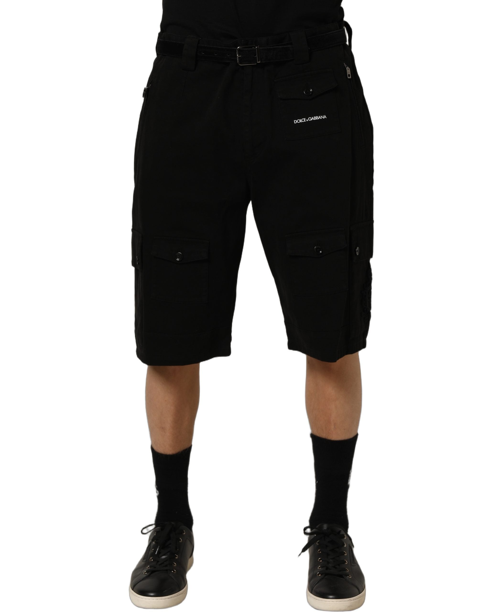 Black Cotton Mid Waist Men Cargo Shorts
