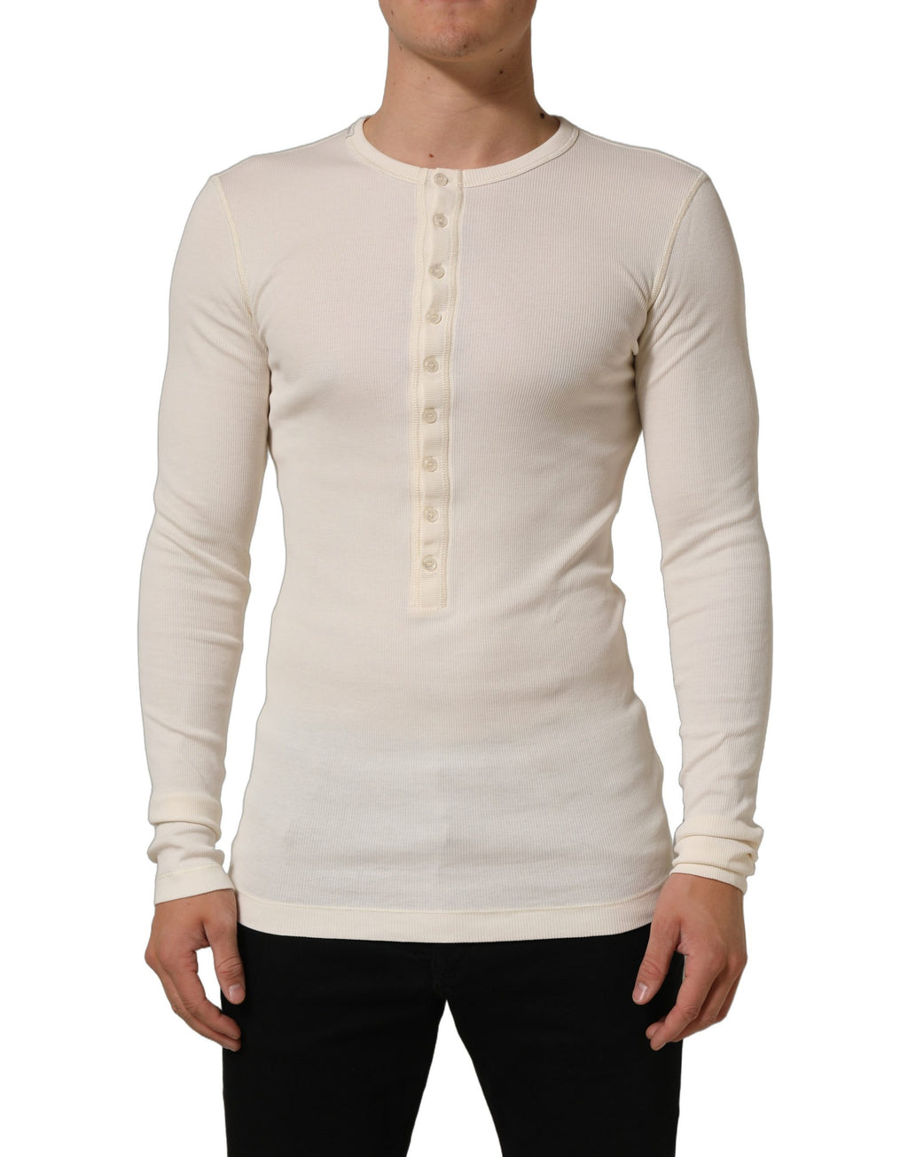 Off White Cotton Henley Long Sleeves T-shirt