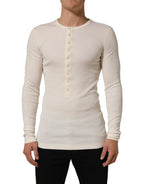 Off White Cotton Henley Long Sleeves T-shirt