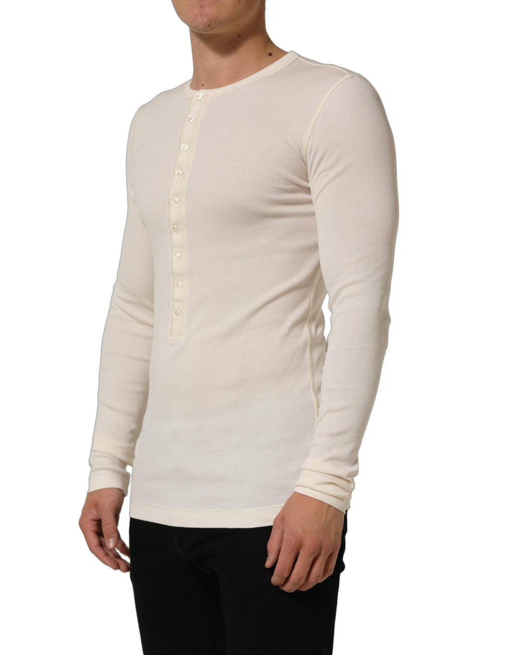 Off White Cotton Henley Long Sleeves T-shirt