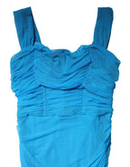 Blue Ruched Tulle Midi Square Neck Dress