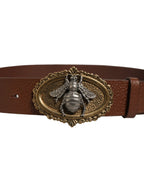 Brown Leather Bee Accent Metal Buckle Belt
