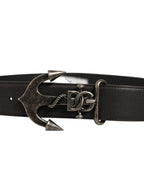 Black Leather Anchor Logo Metal Buckle Belt