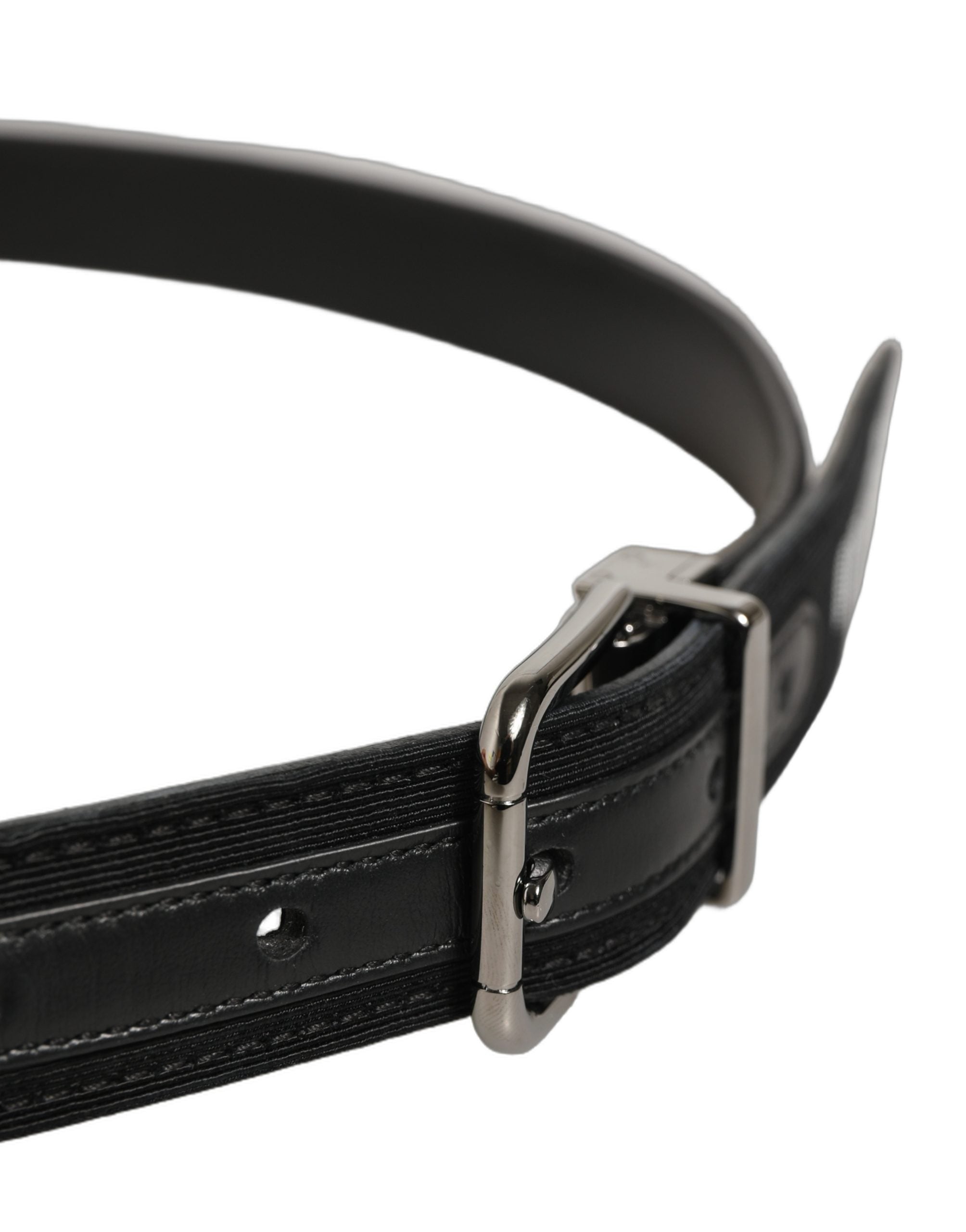 Black Fabric Leather Barcode Silver Buckle Belt