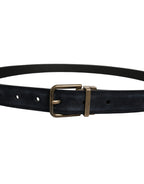 Men Black Leather Gold Tone Metal Buckle Belt