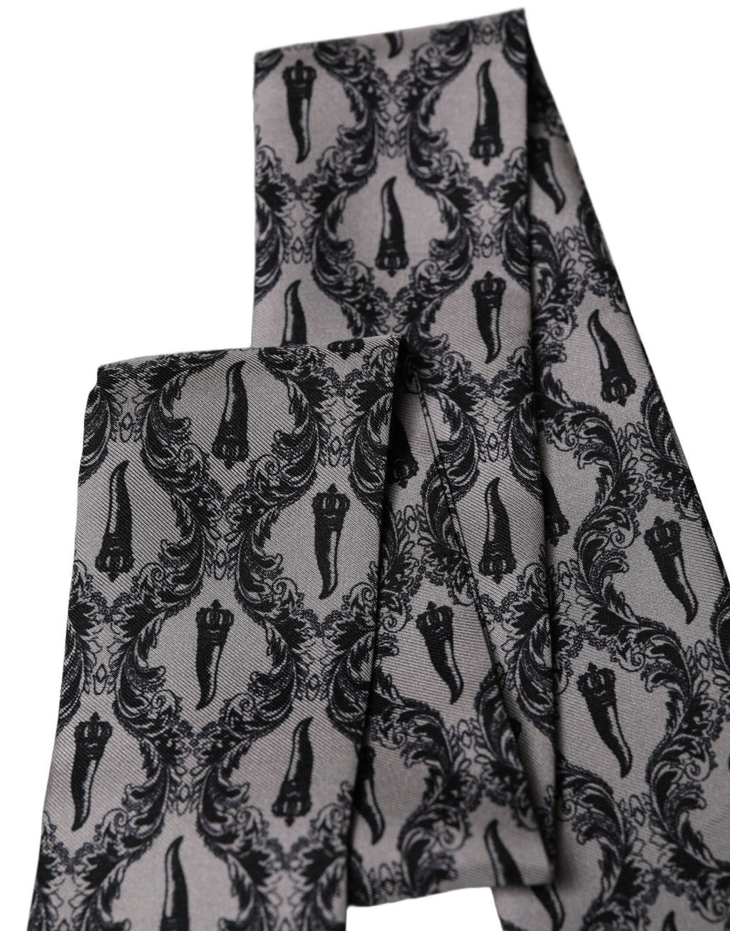 Gray Baroque Silk Fringed Skinny Foulard Scarf