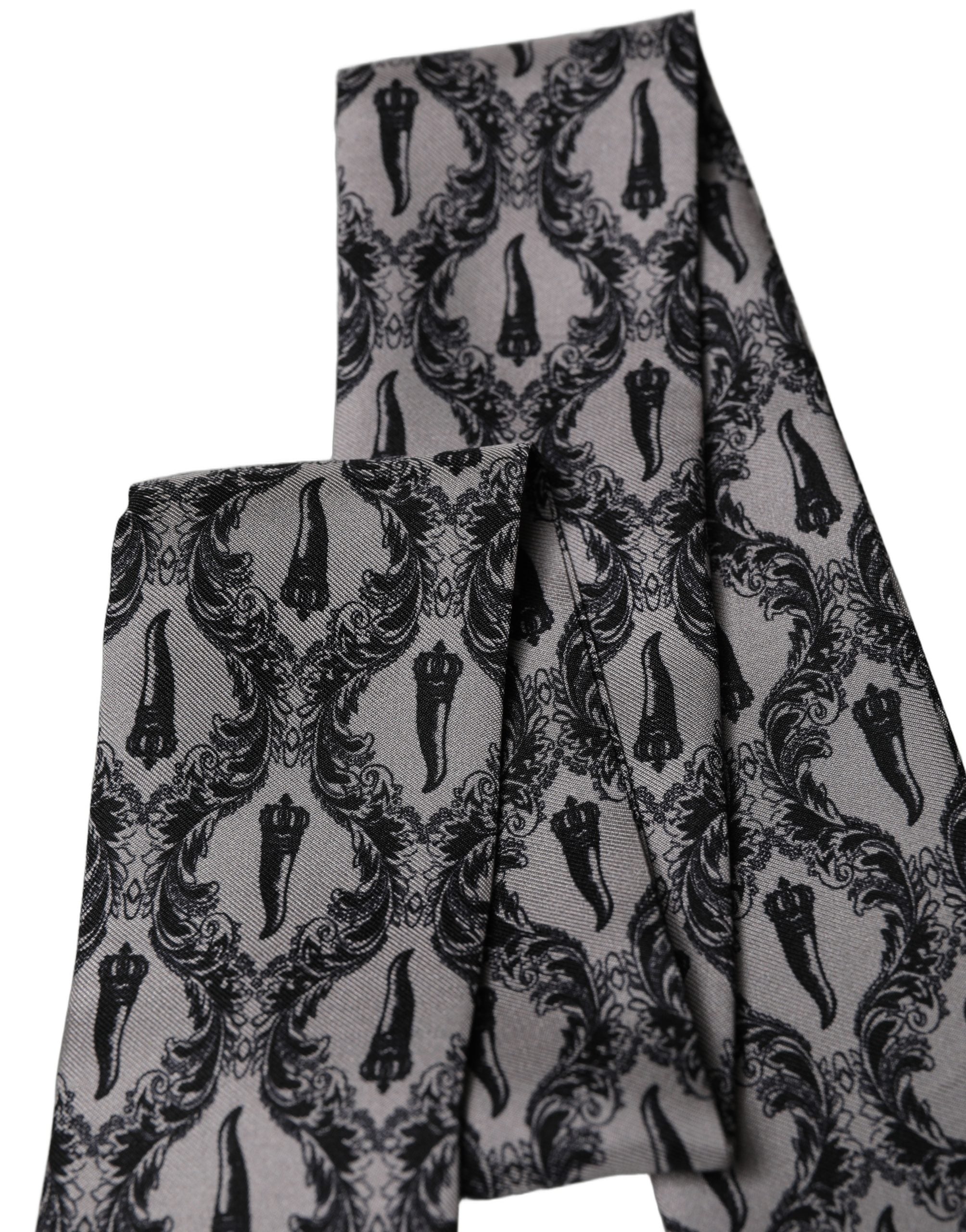 Gray Baroque Silk Fringed Skinny Foulard Scarf