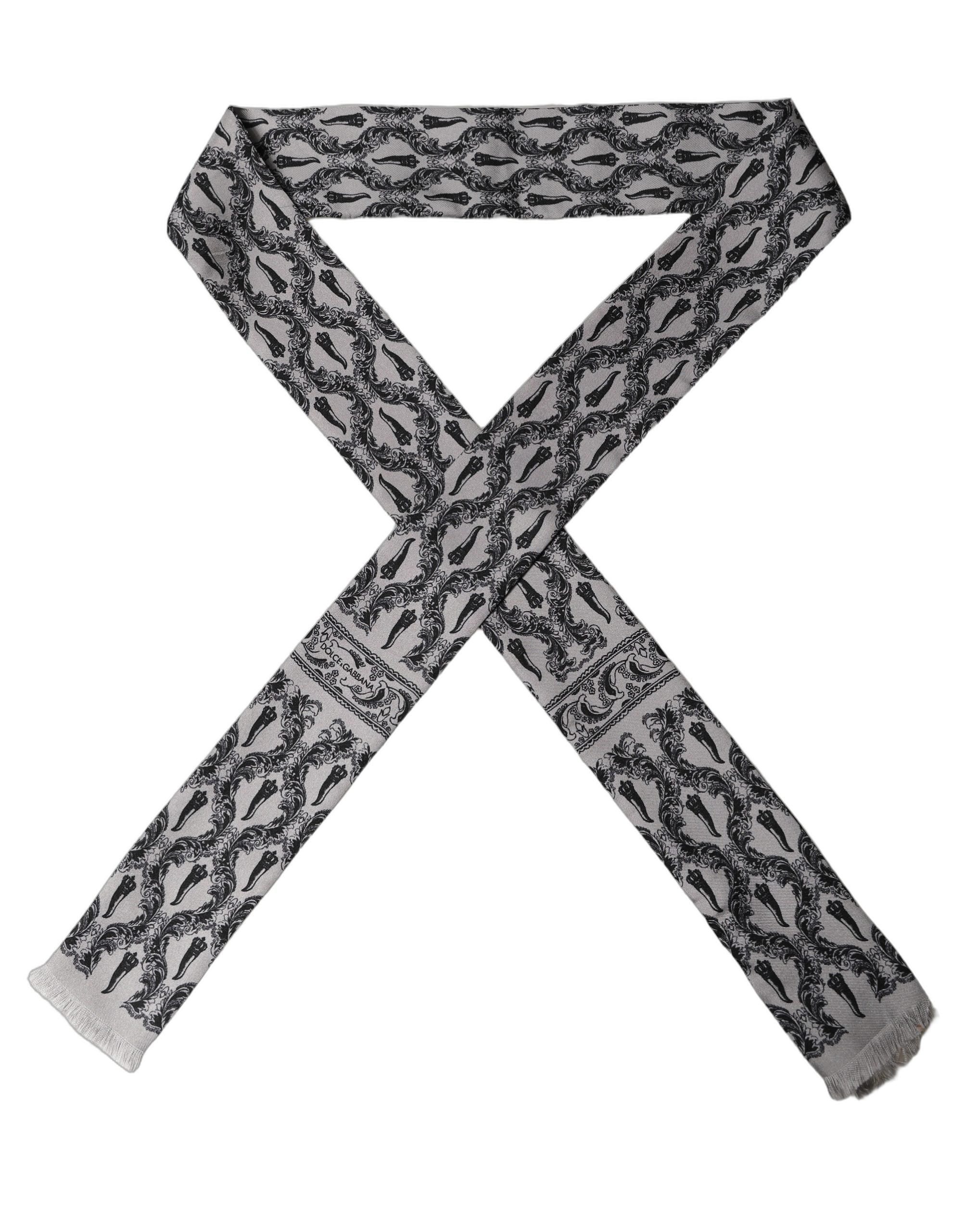 Gray Baroque Silk Fringed Skinny Foulard Scarf