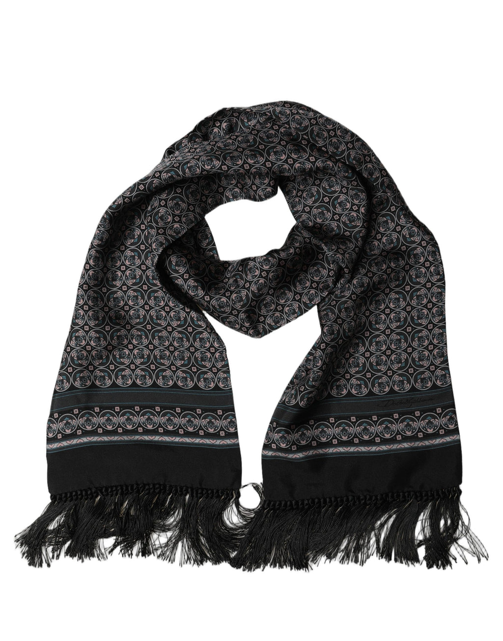 Black Silk Geometric Fringed Neck Shawl Scarf