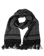Black Silk Geometric Fringed Neck Shawl Scarf