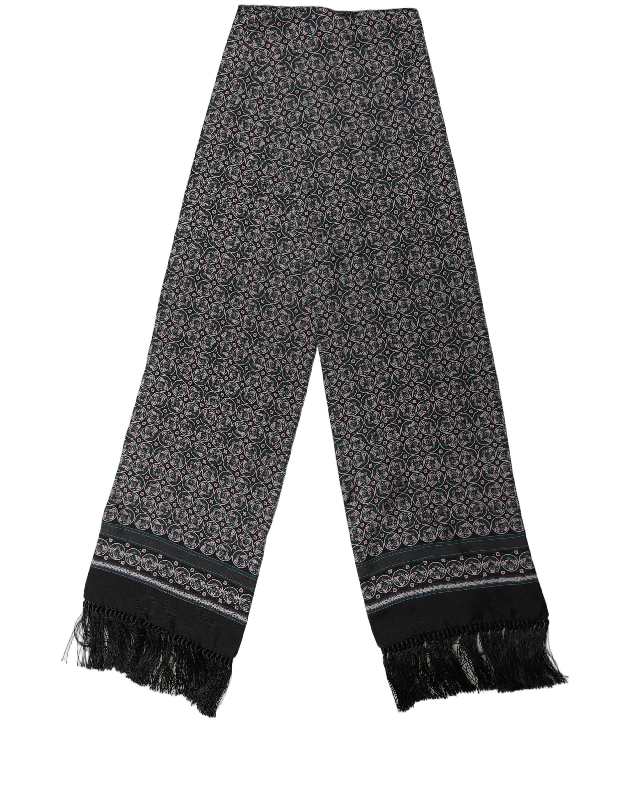 Black Silk Geometric Fringed Neck Shawl Scarf
