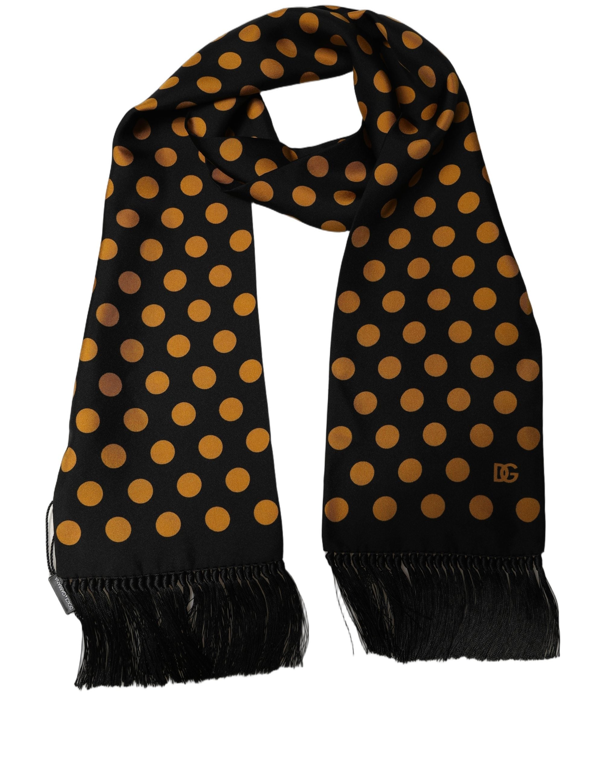Men Black Orange Polka Dot Fringed Lace Stole Scarf