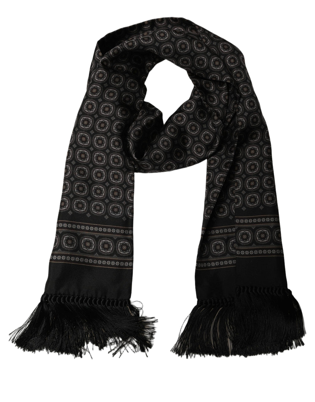 Black Silk Geometric Fringed Neck Shawl Scarf