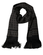 Black Silk Geometric Fringed Neck Shawl Scarf