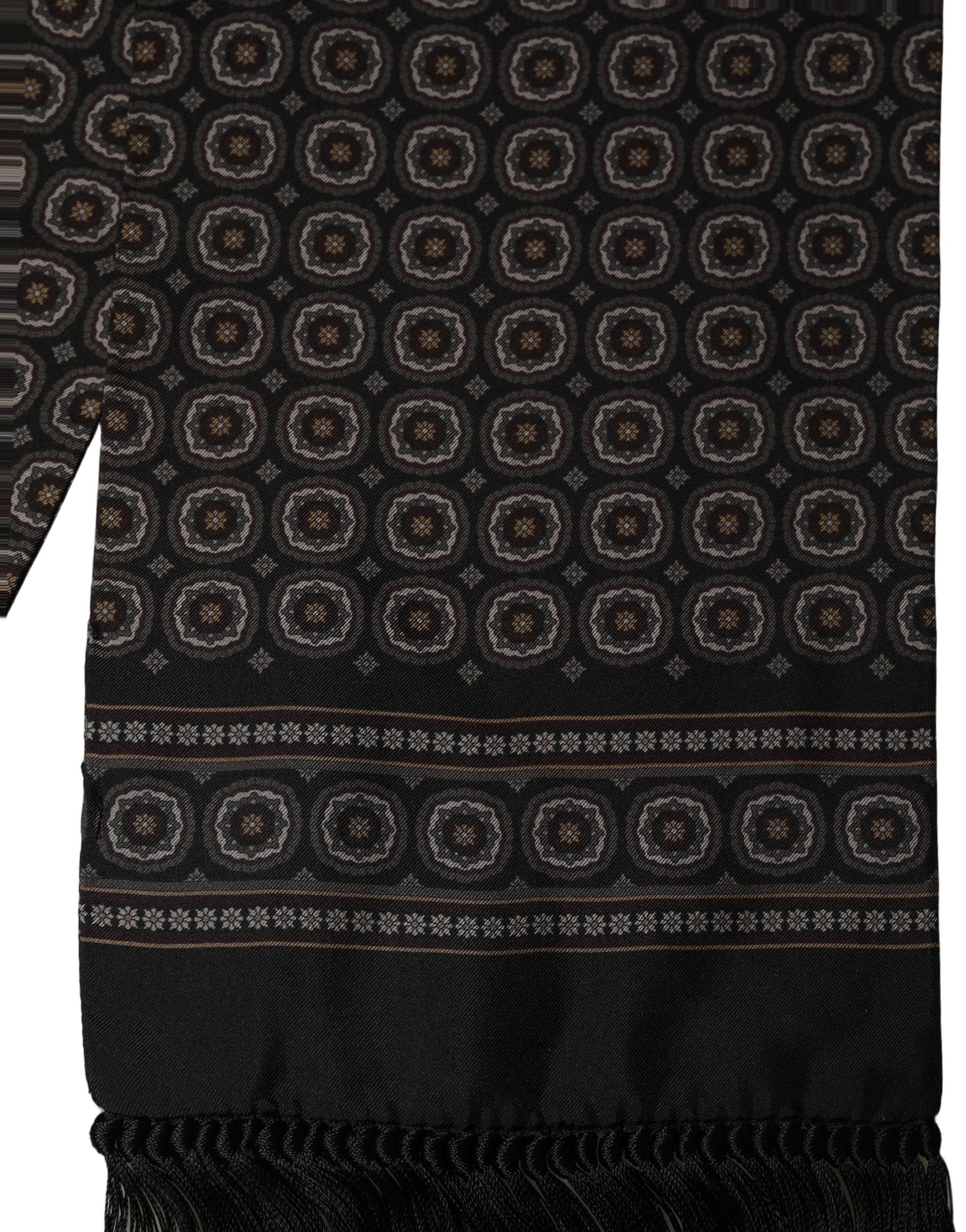 Black Silk Geometric Fringed Neck Shawl Scarf